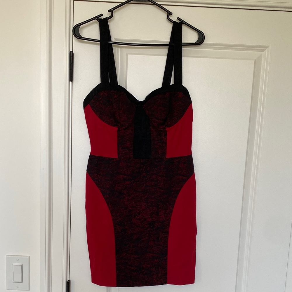 Rebecca Minkoff Red and Black Corset-look Mini Dress with Lace